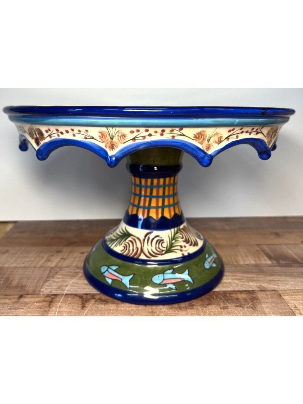Danna Cullen Moose Fish Ceramic Cake Stand Hand-Painted Multicolor By Zrike Co.